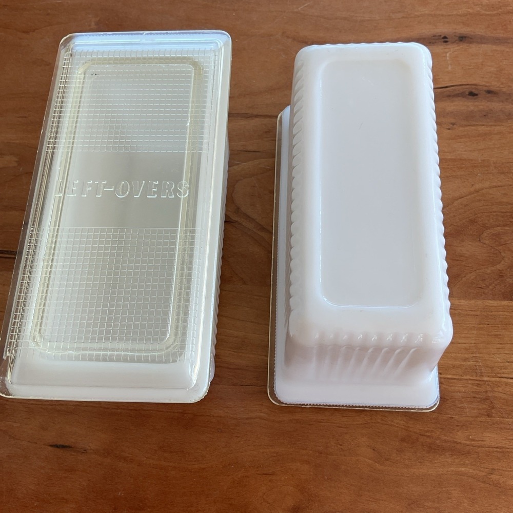 Vintage Milk‎ Glass Leftover/ Butter Containers w/ Plastic "LEFTOVERS" Lids Pair